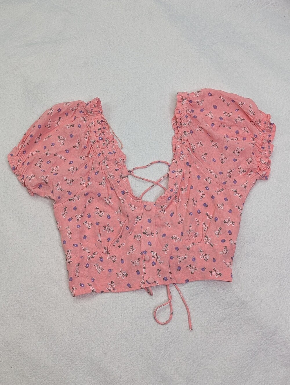 COTTON ON Crop Top Womens Small Pink Floral Puff Sleeve Lace Up Back Sweetheart